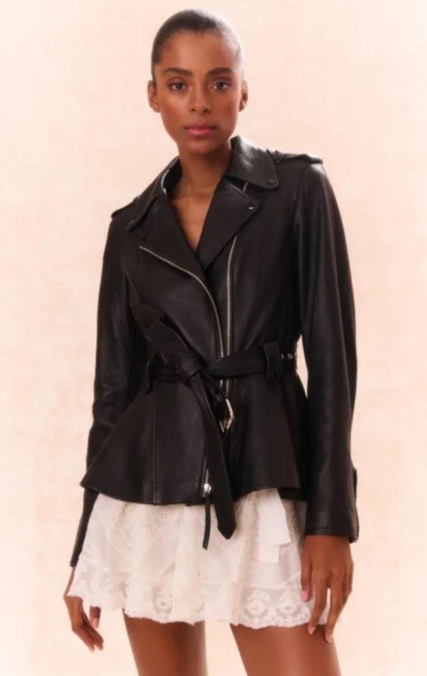 LoveShackFancy Montine Lamb Leather Moto Jacket Black Belted Size 4 $1295